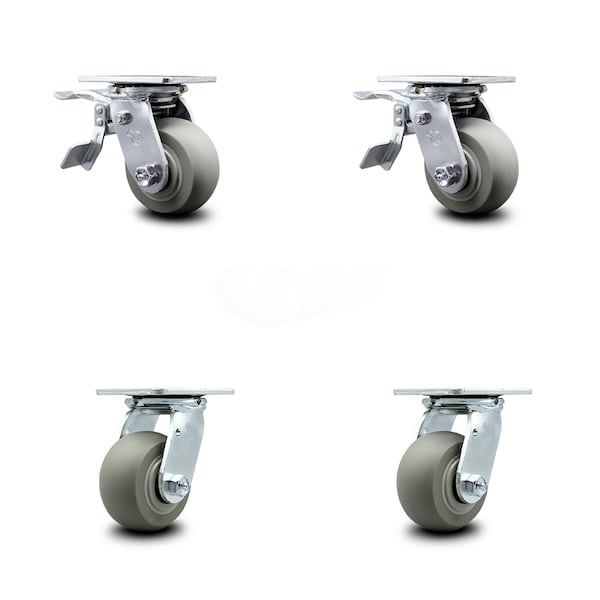 4 Inch Thermoplastic Rubber Caster Set with Ball Bearing 2 Total Lock Brake SCC
